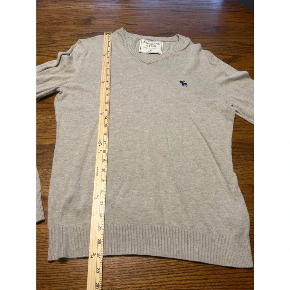 Abercrombie & Fitch Mens V-Neck Sweater M Beige Oatmeal Knit Moose Logo Long Slv